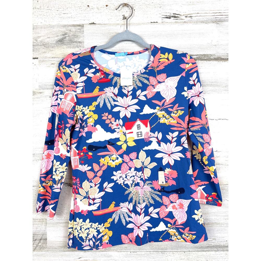 J. McLaughlin Womens M Blue Multi Along The Coast 3/4 Sleeve Crew Neck Tee NWT